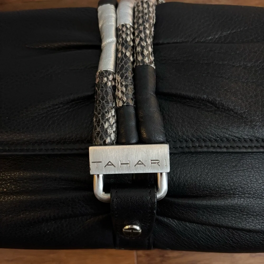 Tahari Black Leather Ruched Clutch Silver Chain Shoulder Bag
